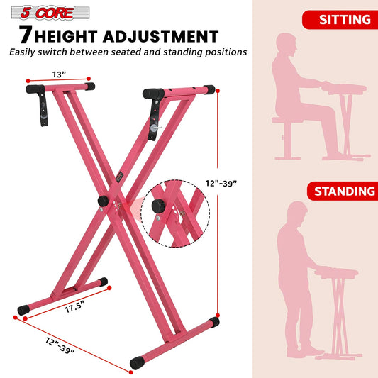 5Core Keyboard Stand Double X Style Adjustable Lift Piano Riser For 49 To 88 Keys BABY PINK-1